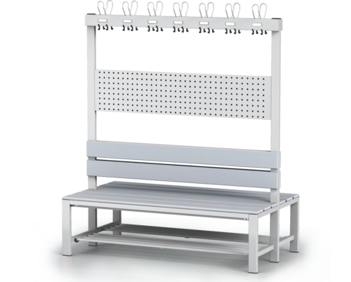 Oboustranná lavice s opěradlem a věšáky, PVC latě - se sklopným roštem 1800 x 1500 x 830